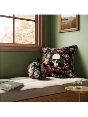 Threshold Bundle of Floral Skull Square Pillow and Matching Pumpkin Pillow